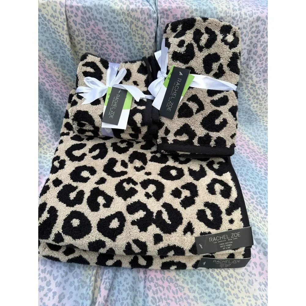 Rachel Zoe Leopard 8-Piece 100% Cotton Towel Set Black Beige NWT